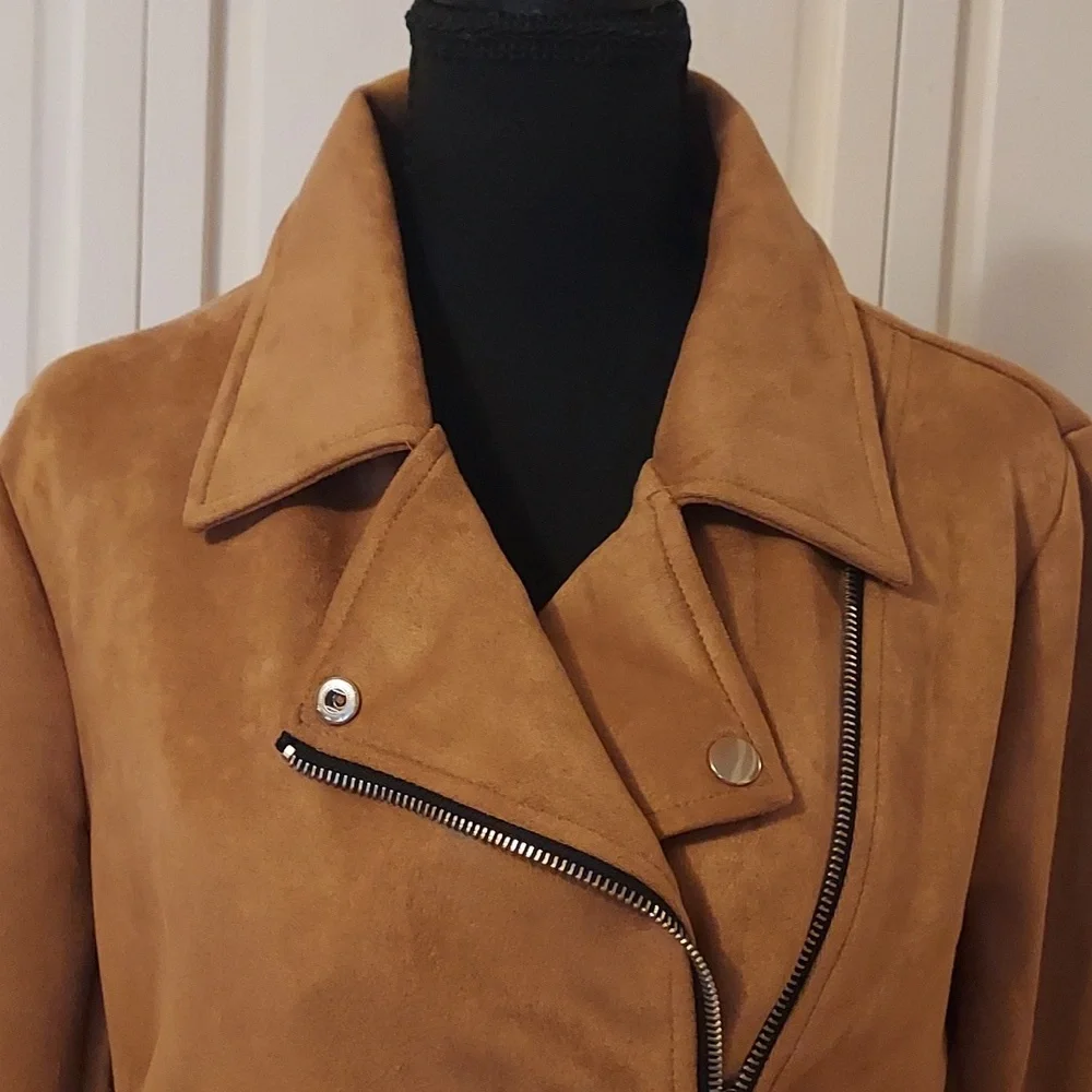 Tan Beige Faux Suede Moto Biker Jacket Size M - Picture 4 of 9